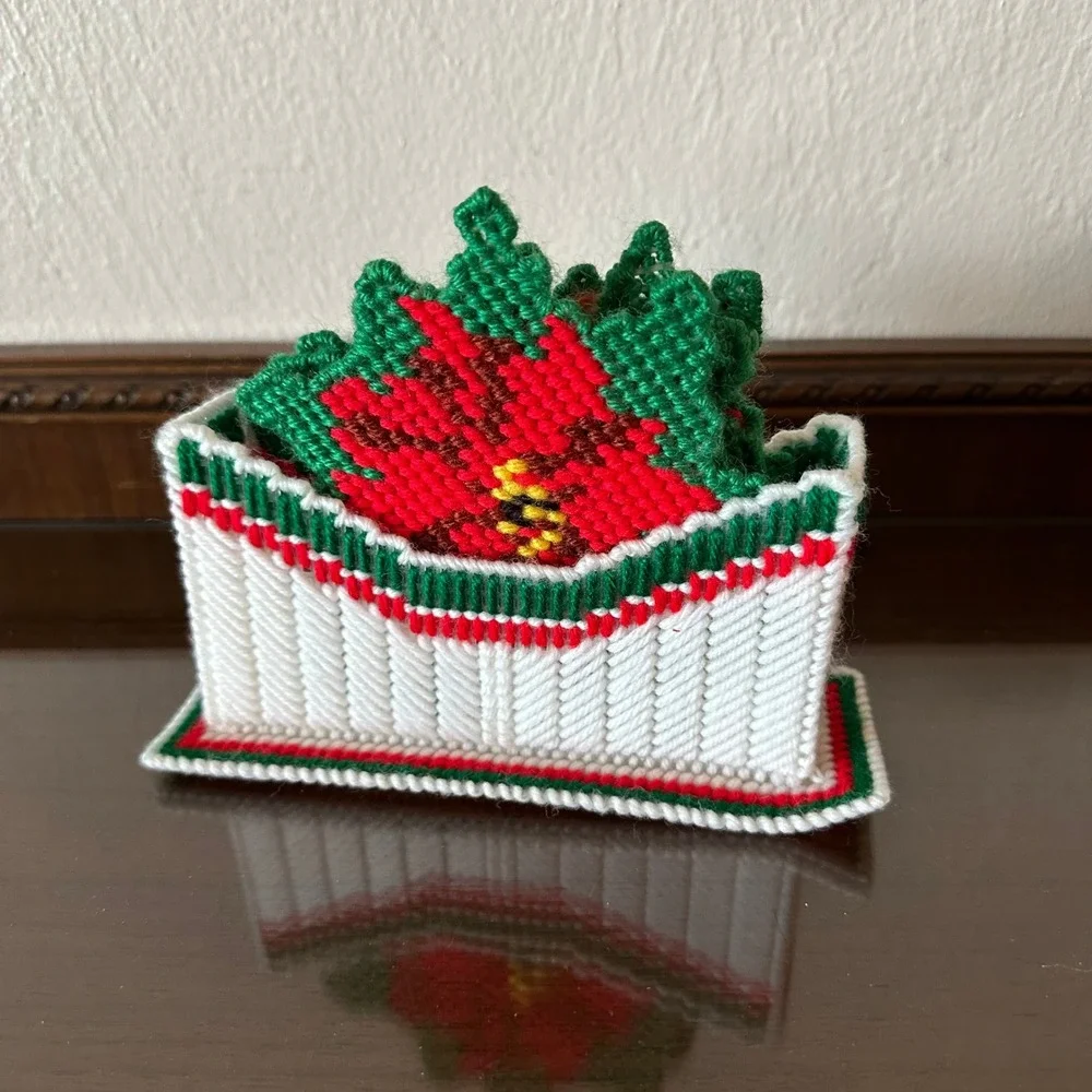 Vtg Handmade Plastic Canvas Poinsettia Coaster Set 5pc Christmas Holiday Decor